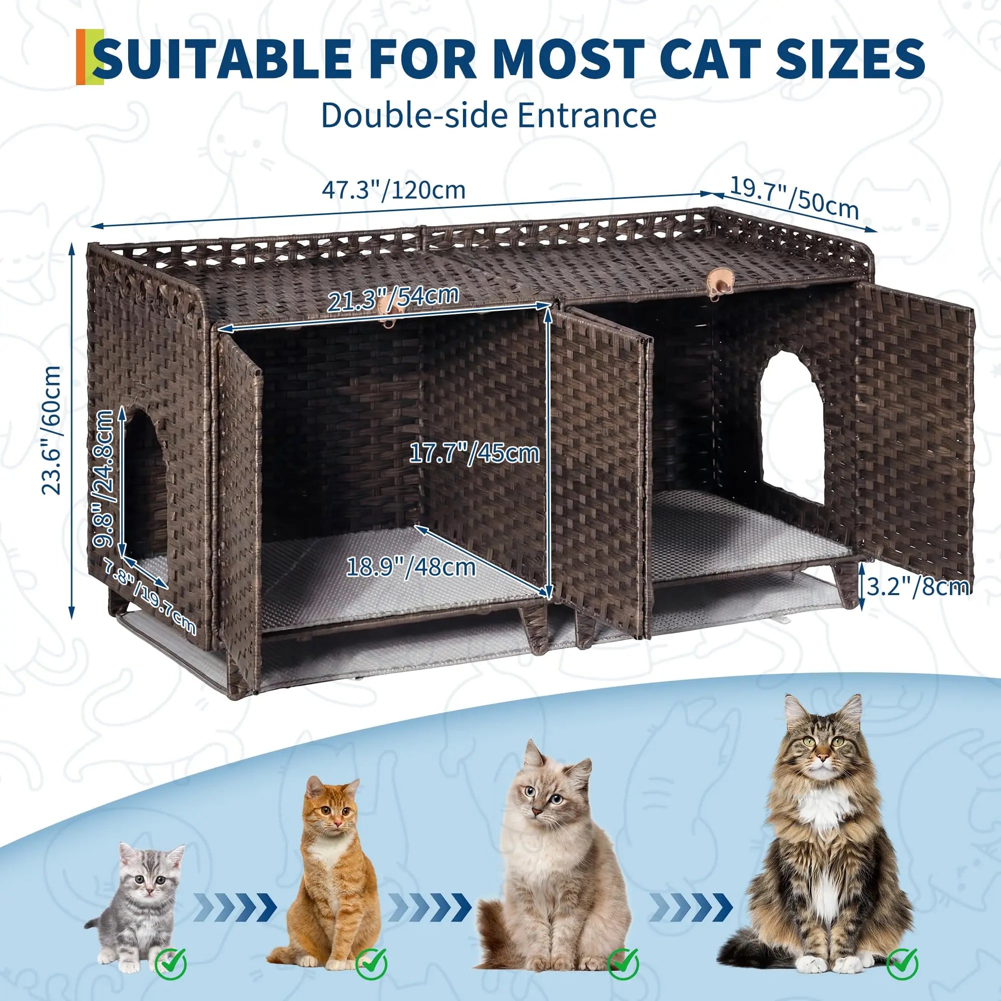 Large Rattan Litter Box Enclosure, 2 Doors, Litter Mat