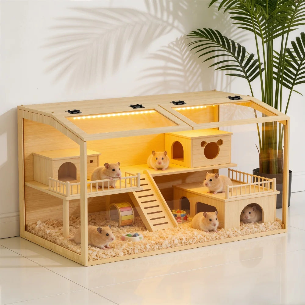 Hamster Cage, Tempered Glass, LED Light, Openable Roof