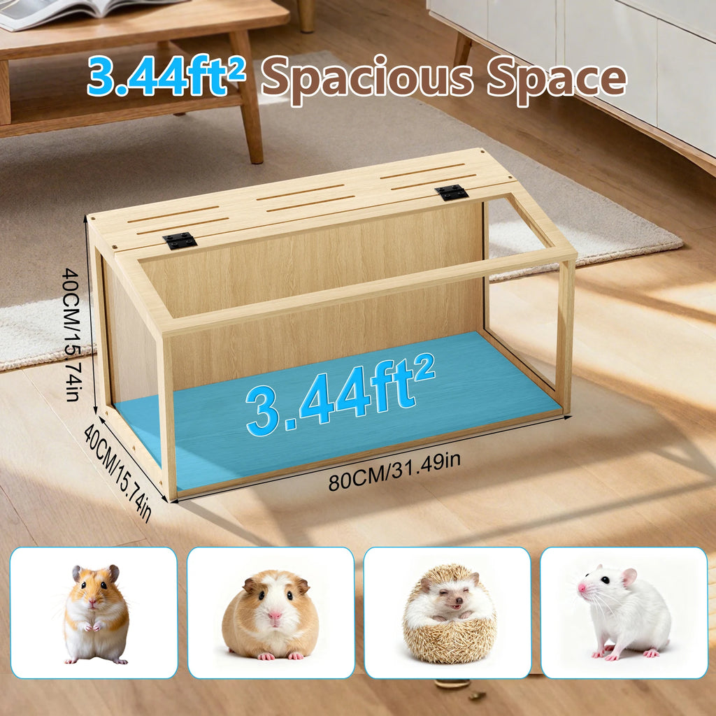 Hamster Cage, Tempered Glass, LED Light, Openable Roof