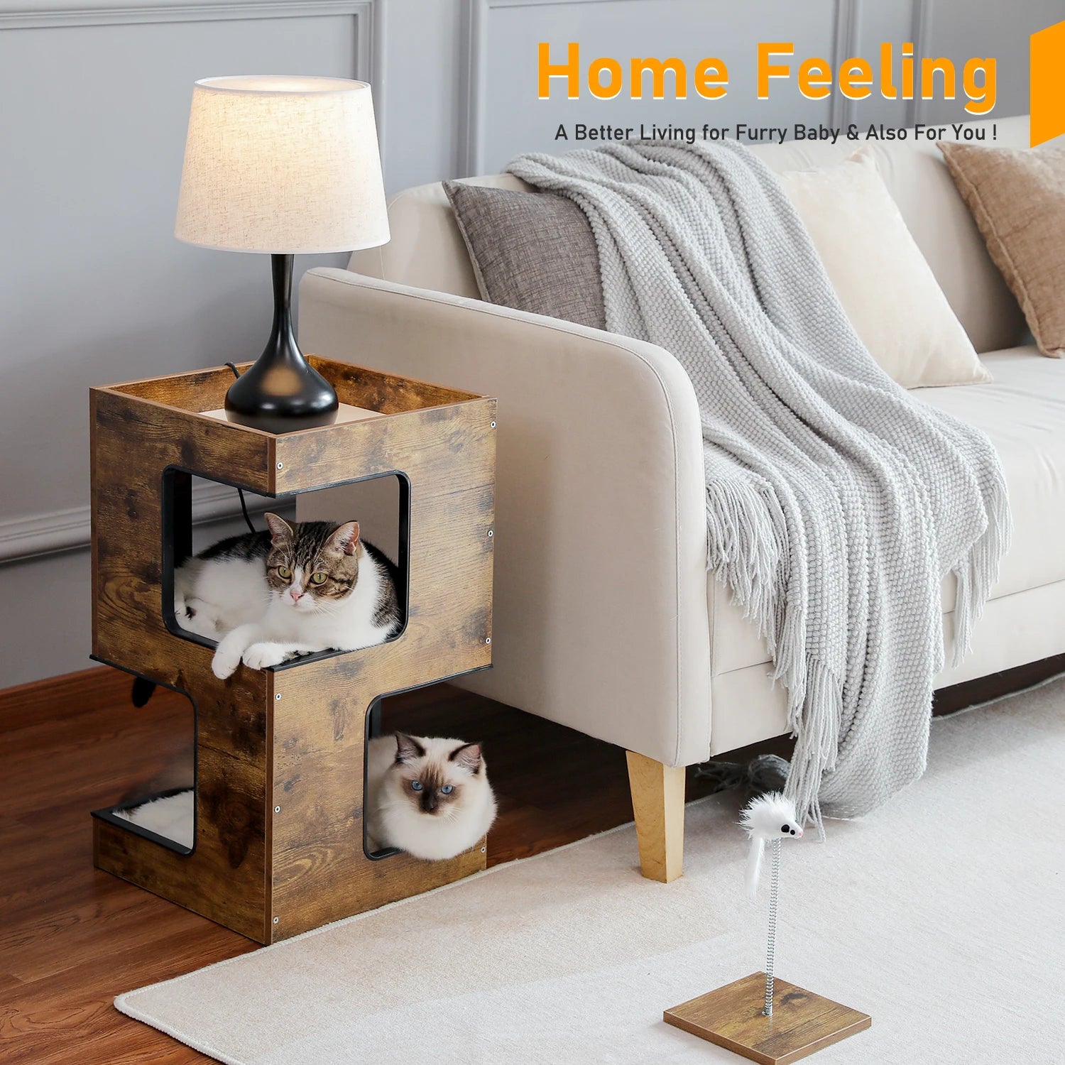 Wood Cat Condo With Soft Mats, Scratch Pad