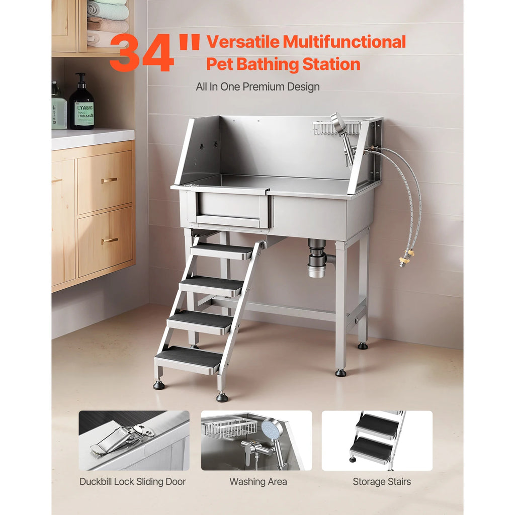 34" Dog Washing Station, Stainless Steel, Faucet, Non-Slip
