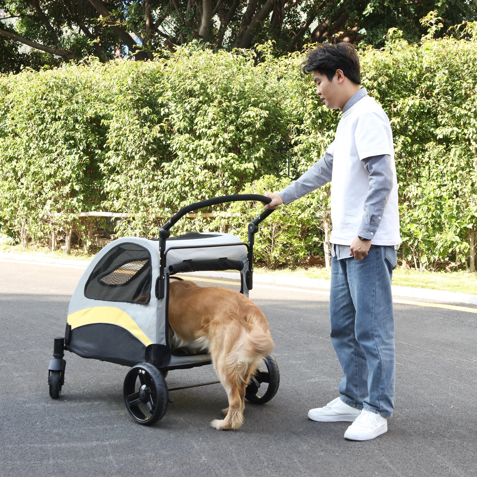 Portable Pet Stroller, 4 Wheels, Foldable, Breathable Carrier