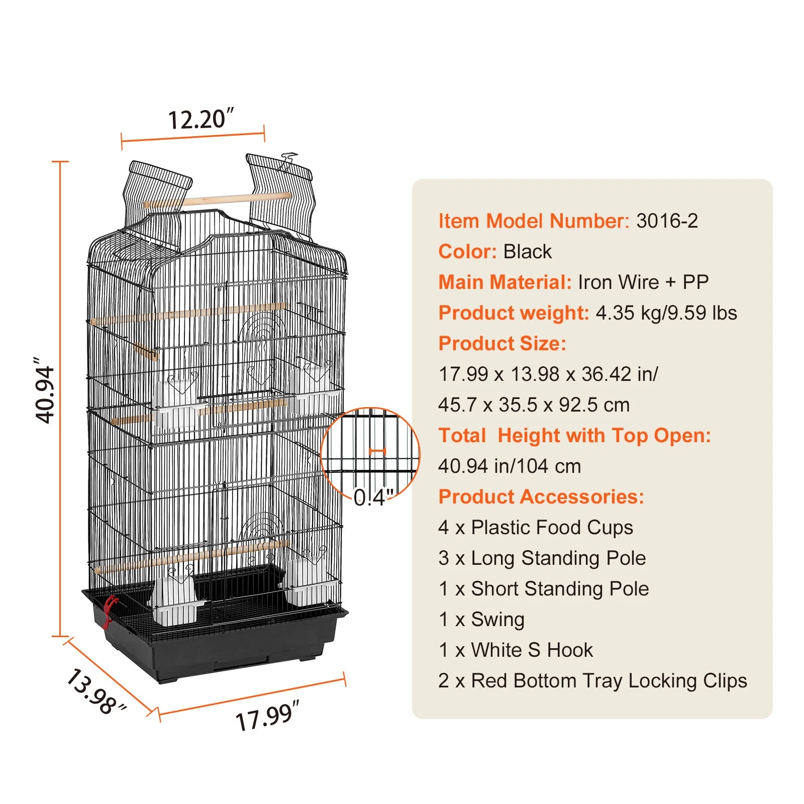 Open Top Bird Cage, Swing and Perch