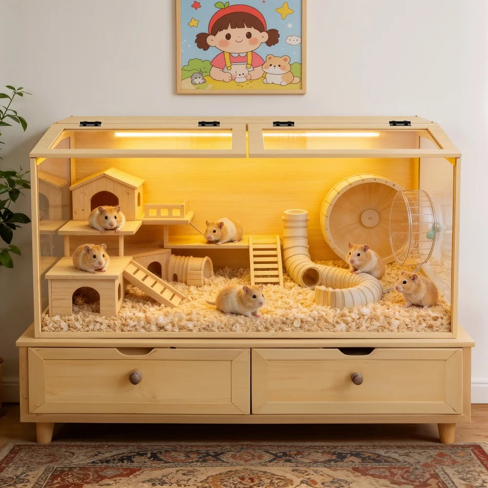Hamster Cage, Tempered Glass, LED Light, Openable Roof
