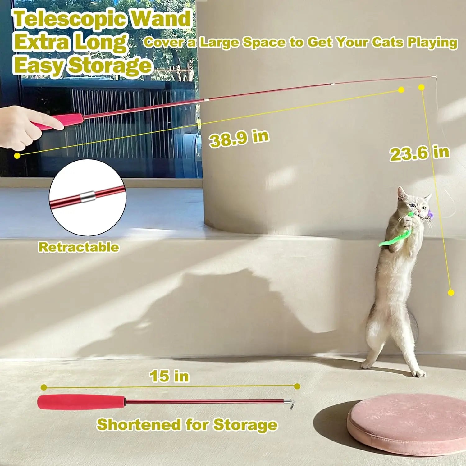 Cat Toys, Interactive, 2PCS, Retractable Wand Toy,  9PCS Feather Refills