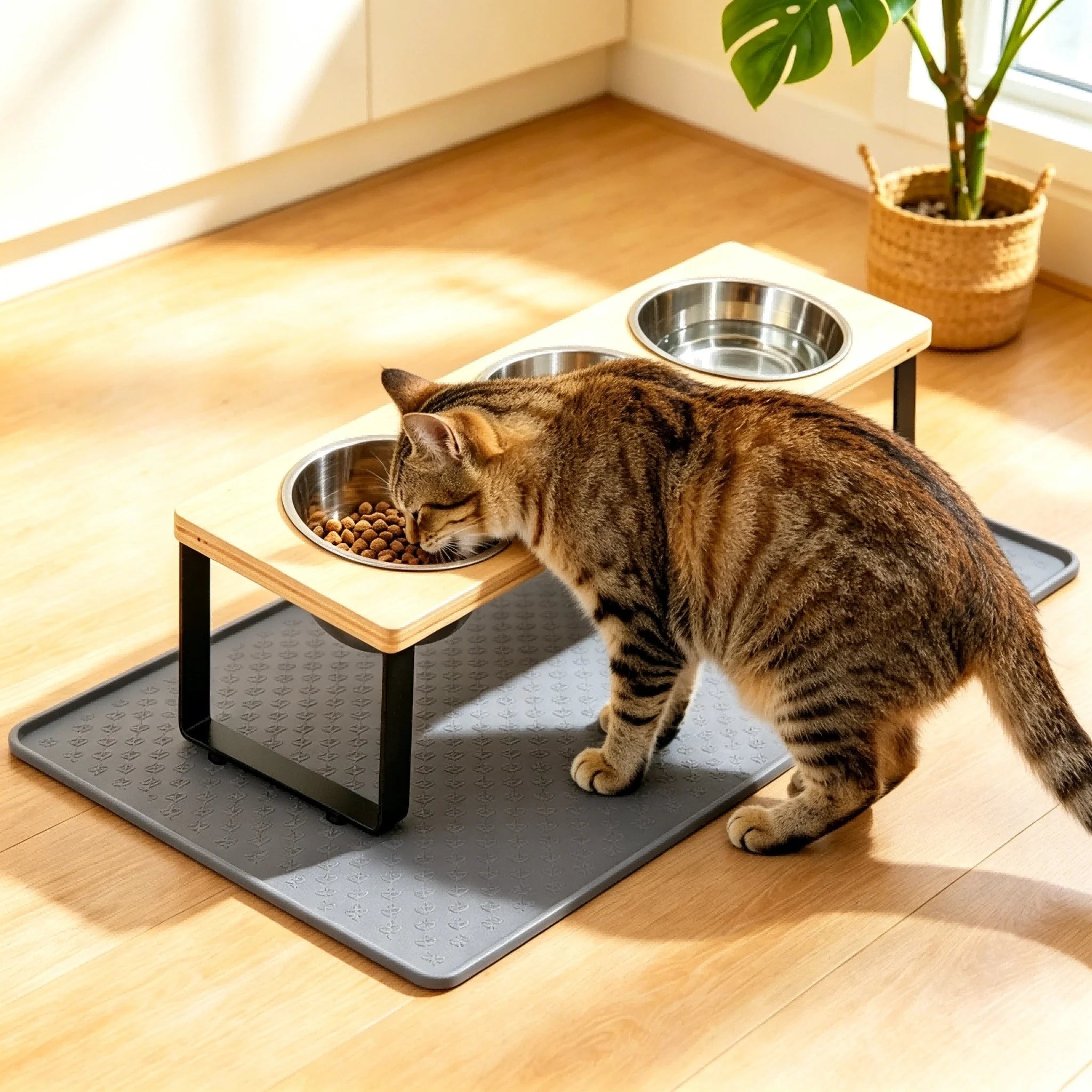 3 Bowl Elevated Cat Feeder, Tilted, Bamboo & Iron Stand Stainless Steel, Silicone Mat