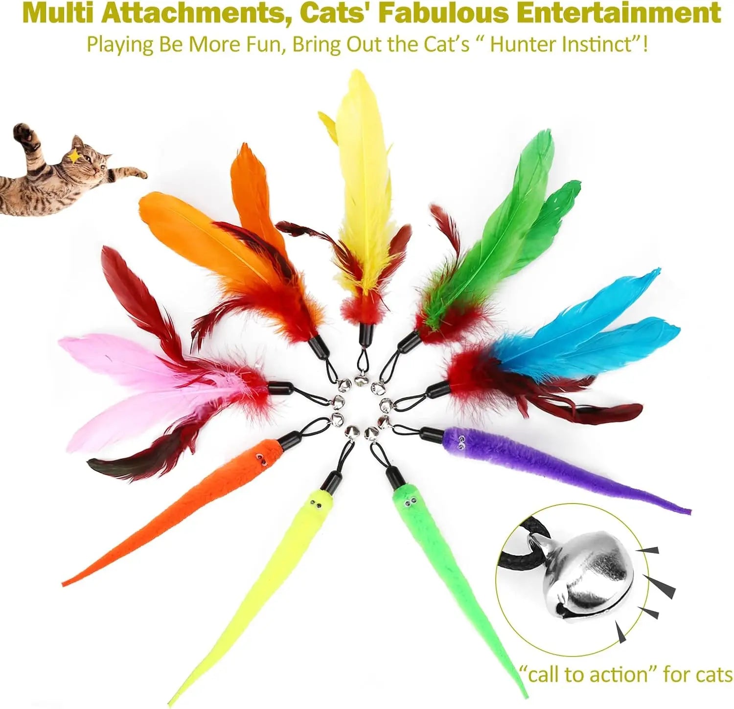 Cat Toys, Interactive, 2PCS, Retractable Wand Toy,  9PCS Feather Refills