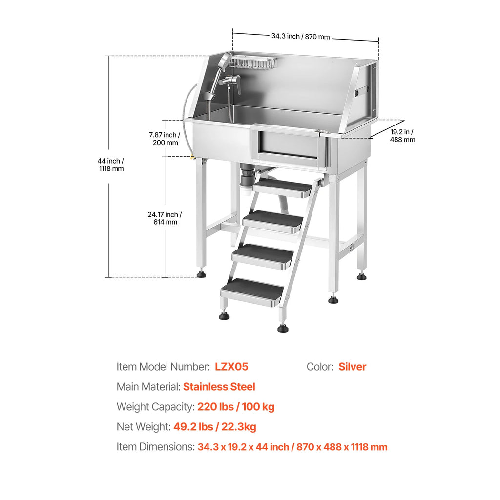 34" Dog Washing Station, Stainless Steel, Faucet, Non-Slip
