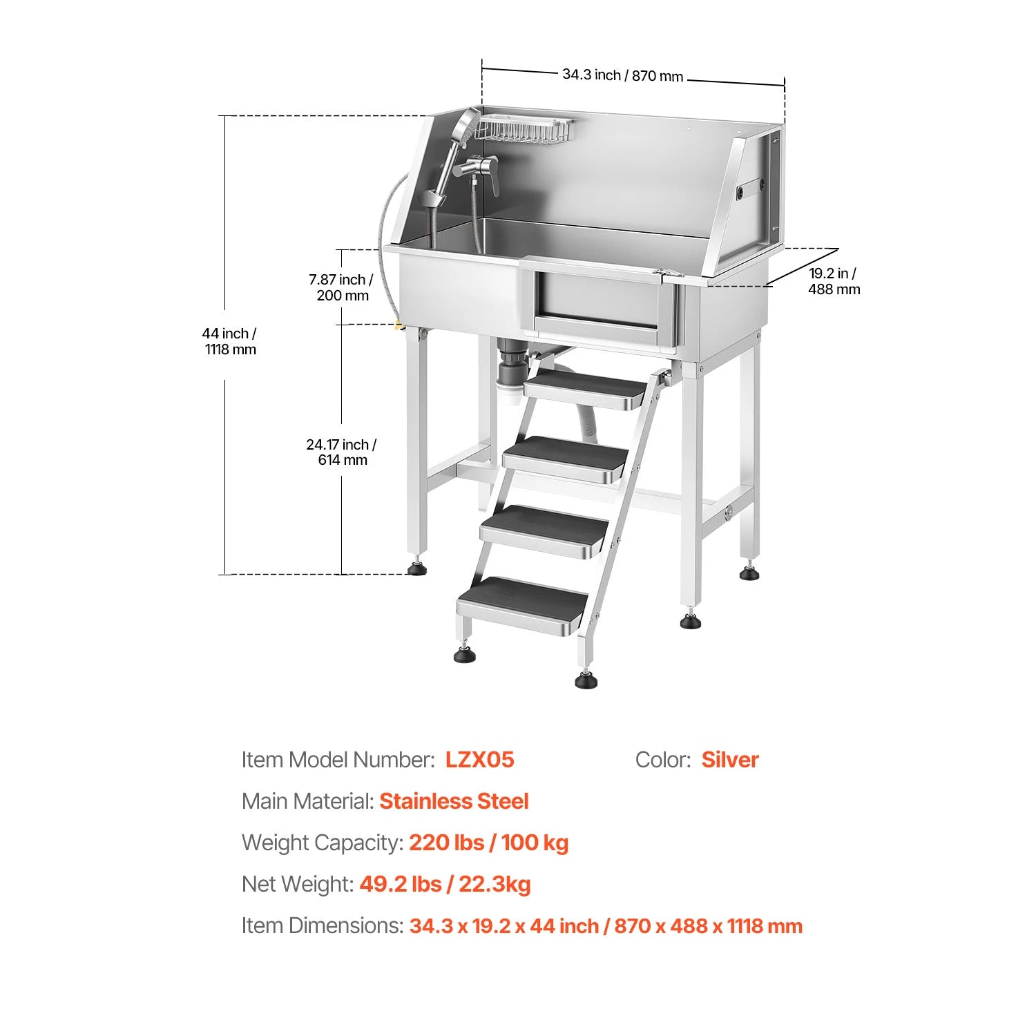 34" Dog Washing Station, Stainless Steel, Faucet, Non-Slip