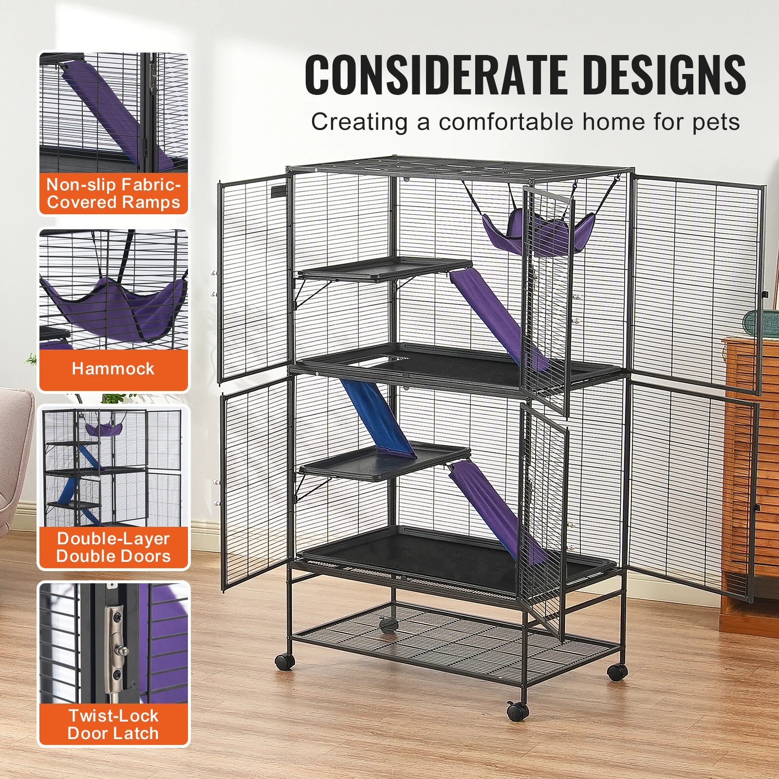 64.6" Rolling Metal Cage For Small Pets
