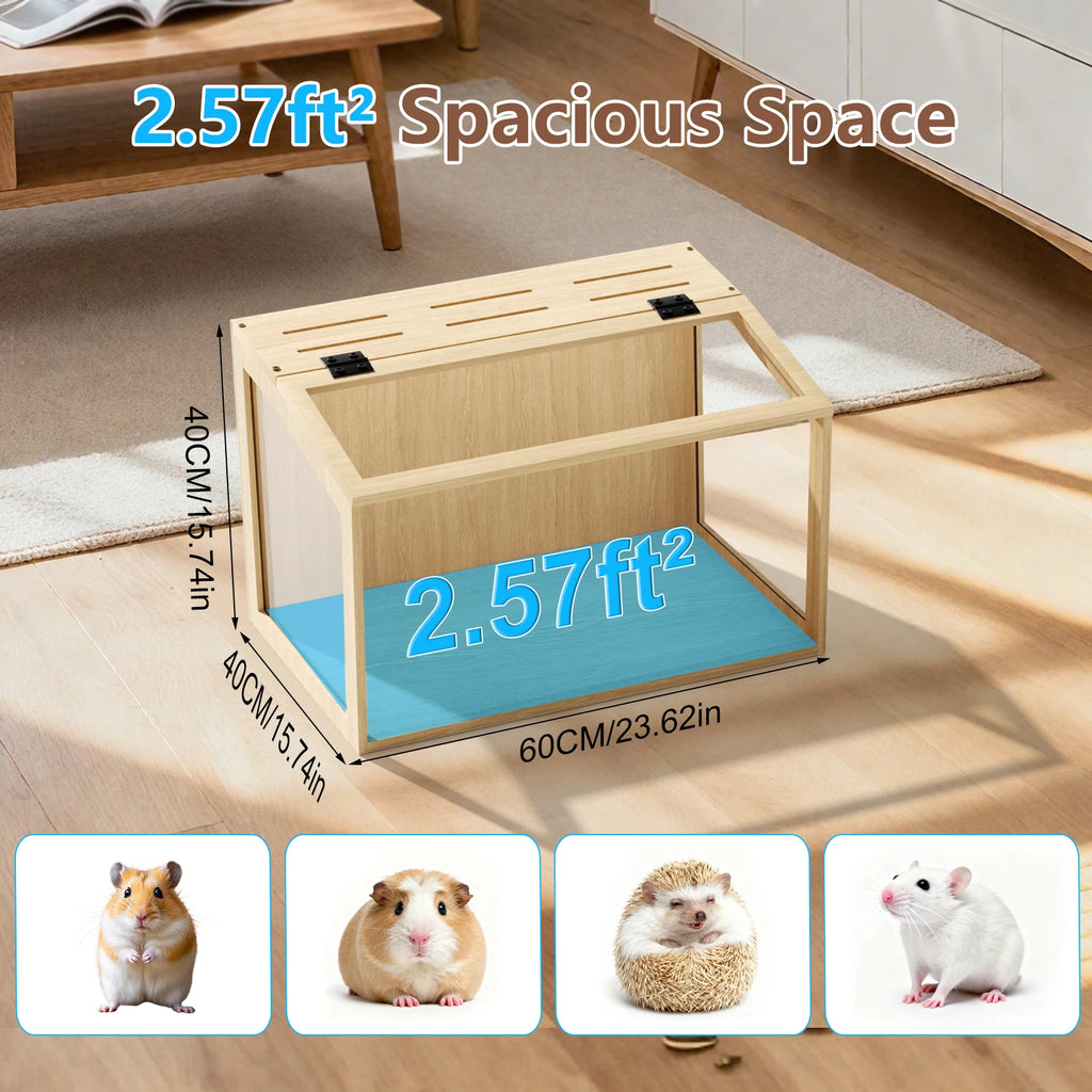 Hamster Cage, Tempered Glass, LED Light, Openable Roof