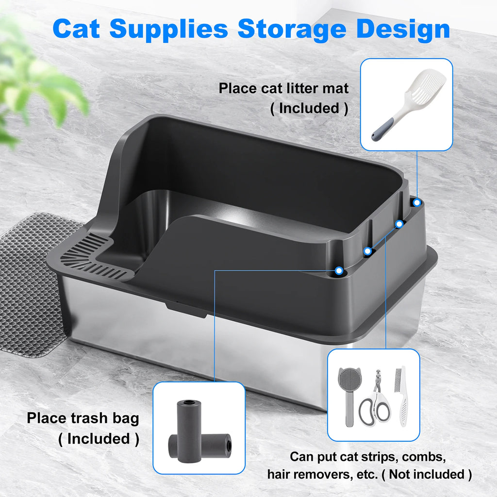 Stainless Steel Cat Litter Box, Splash-Proof & Leak-Proof