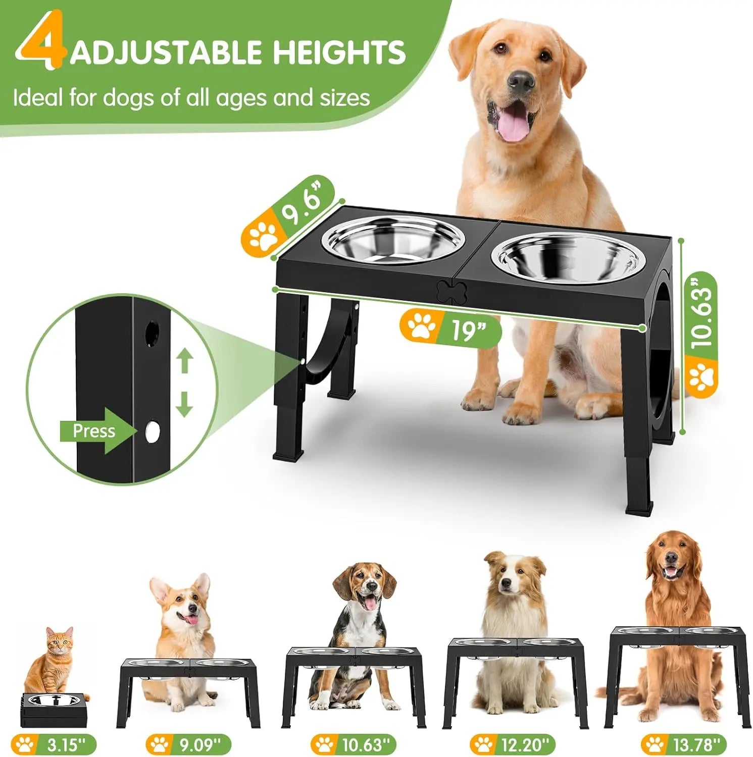 Elevated Dog Bowls Large Breed Raised Dogs Bowl Stand Large/Medium Sized Dog Stainless Steel Food Water Bowl Stands 5 Heights Ad