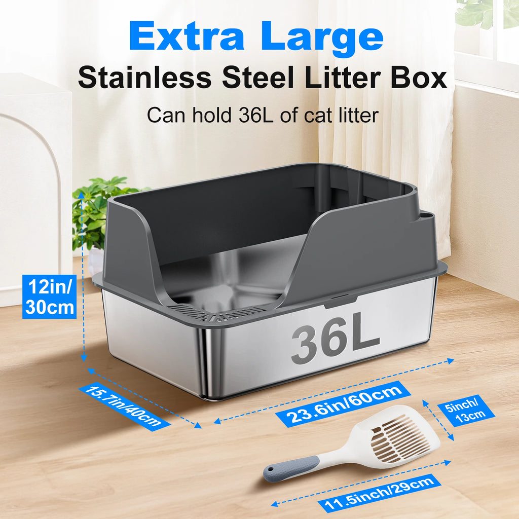 Stainless Steel Cat Litter Box, Splash-Proof & Leak-Proof