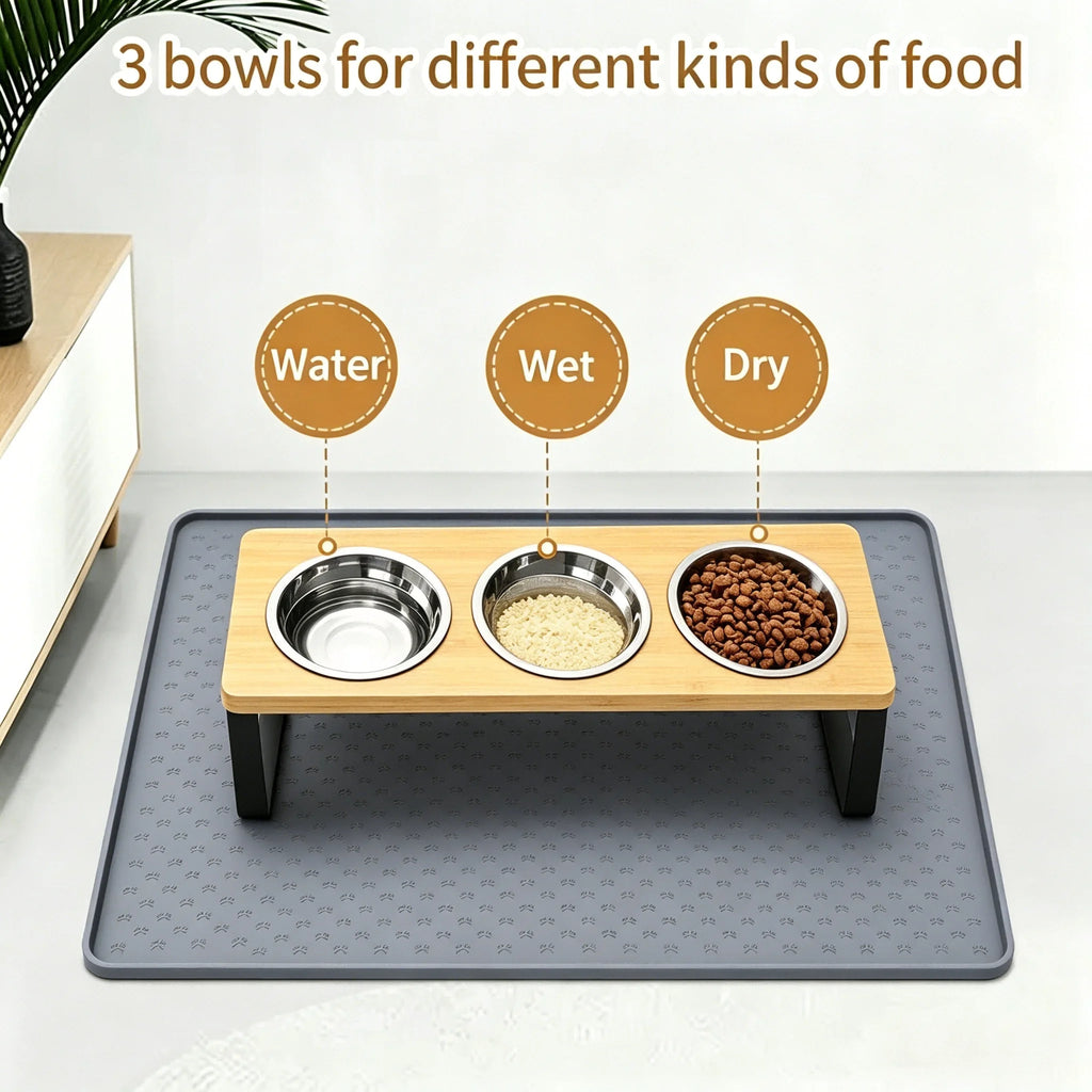 3 Bowl Elevated Cat Feeder, Tilted, Bamboo & Iron Stand Stainless Steel, Silicone Mat