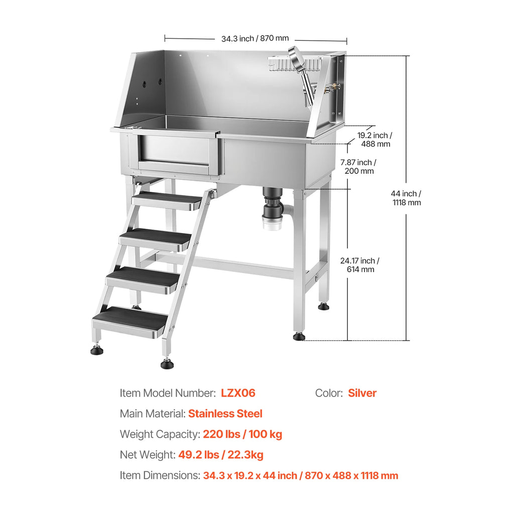 34" Dog Washing Station, Stainless Steel, Faucet, Non-Slip