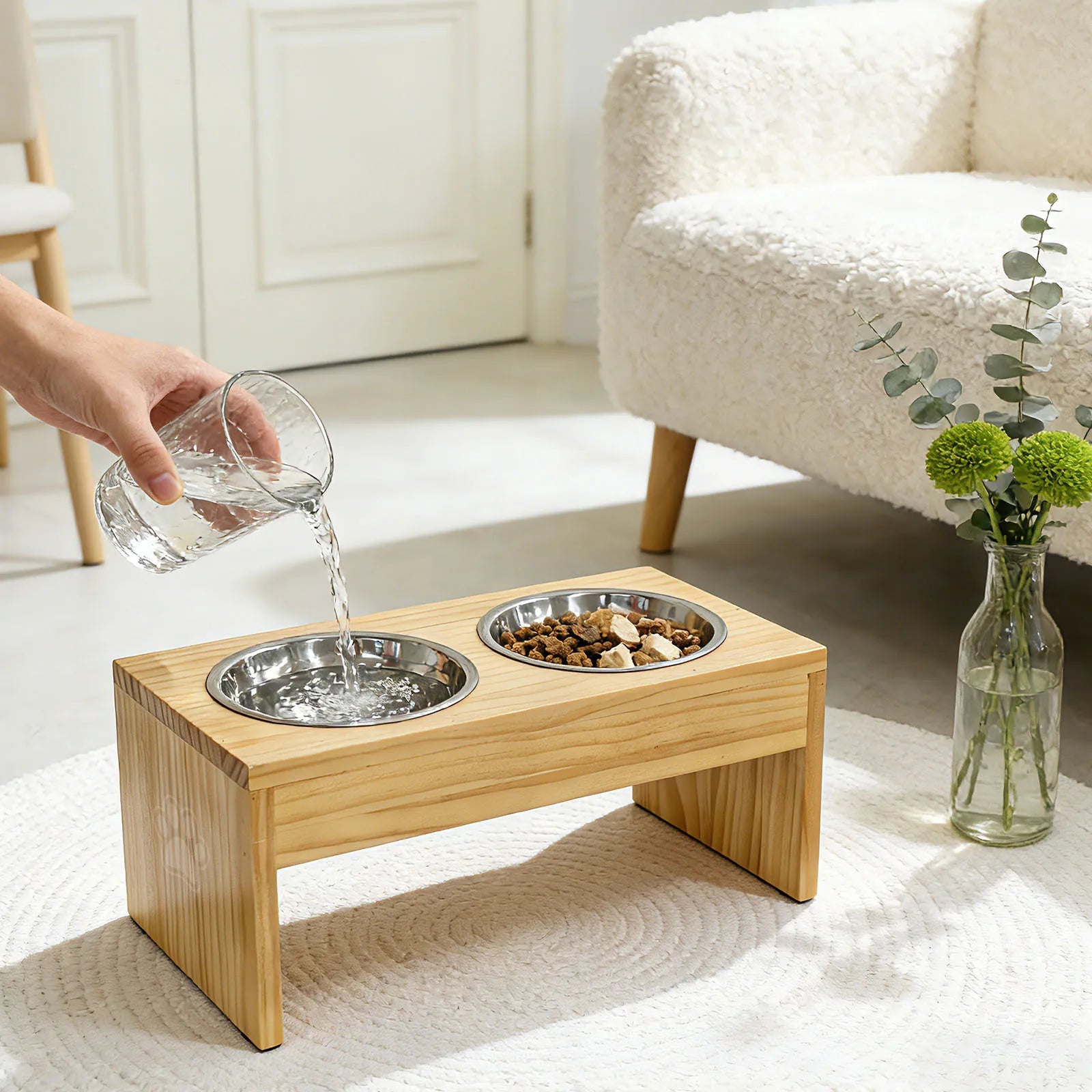 Double Bowls, Raised, For Medium-Large Dogs, Stainless Steel