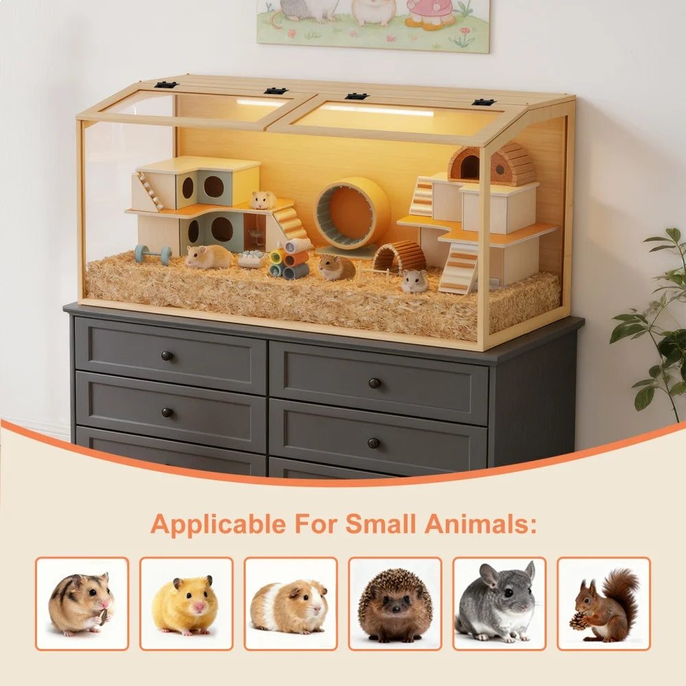 Hamster Cage, Tempered Glass, LED Light, Openable Roof
