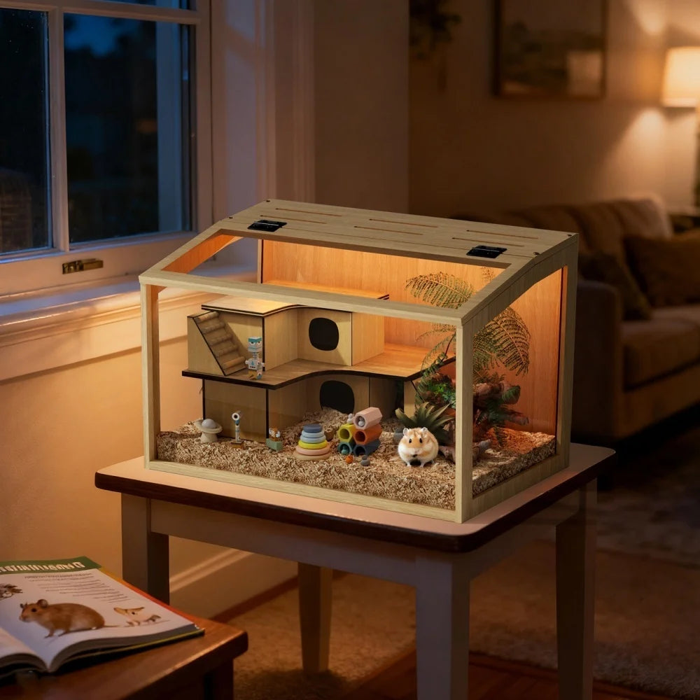 Hamster Cage, Tempered Glass, LED Light, Openable Roof