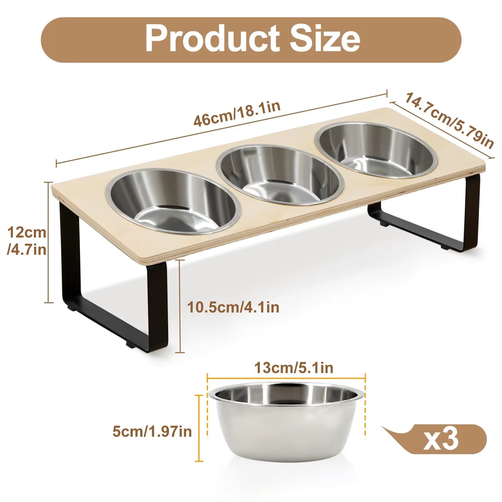 3 Bowl Elevated Cat Feeder, Tilted, Bamboo & Iron Stand Stainless Steel, Silicone Mat