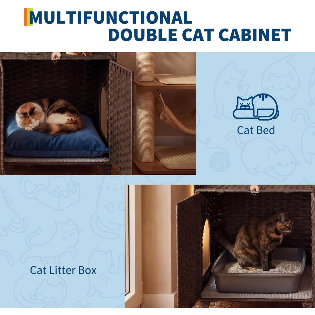 Large Rattan Litter Box Enclosure, 2 Doors, Litter Mat