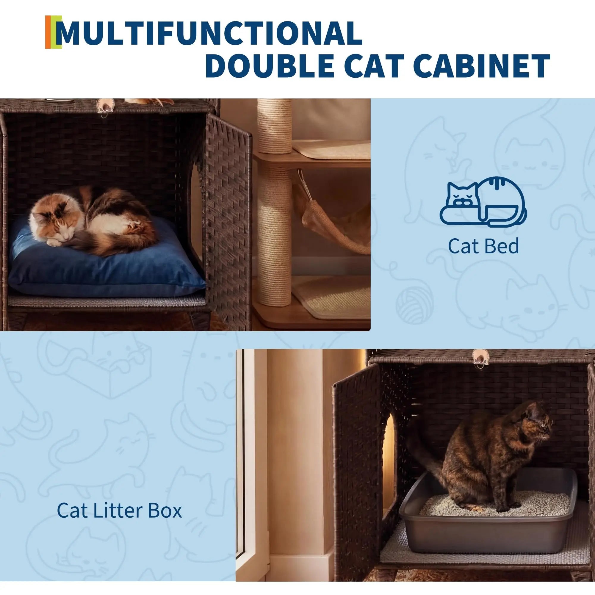 Large Rattan Litter Box Enclosure, 2 Doors, Litter Mat
