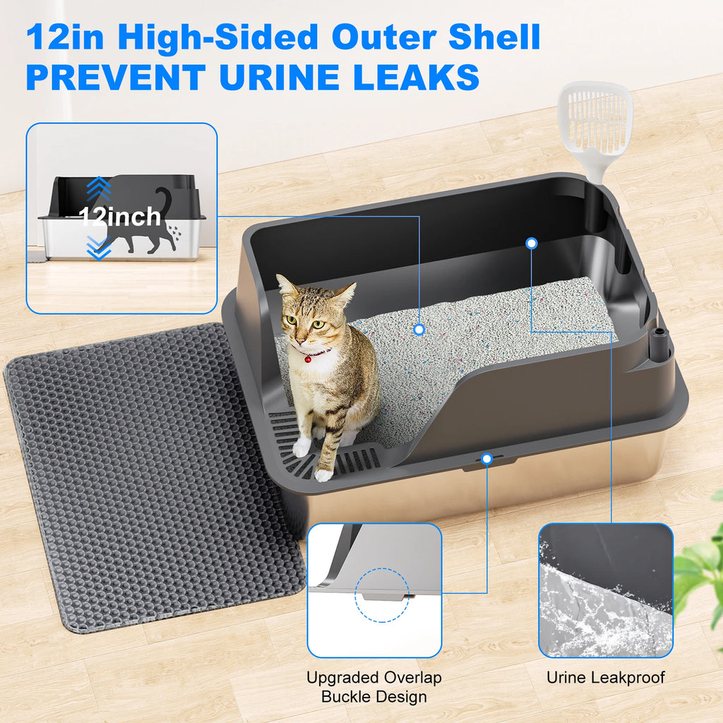Stainless Steel Cat Litter Box, Splash-Proof & Leak-Proof