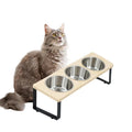 3 Bowl Elevated Cat Feeder, Tilted, Bamboo & Iron Stand Stainless Steel, Silicone Mat
