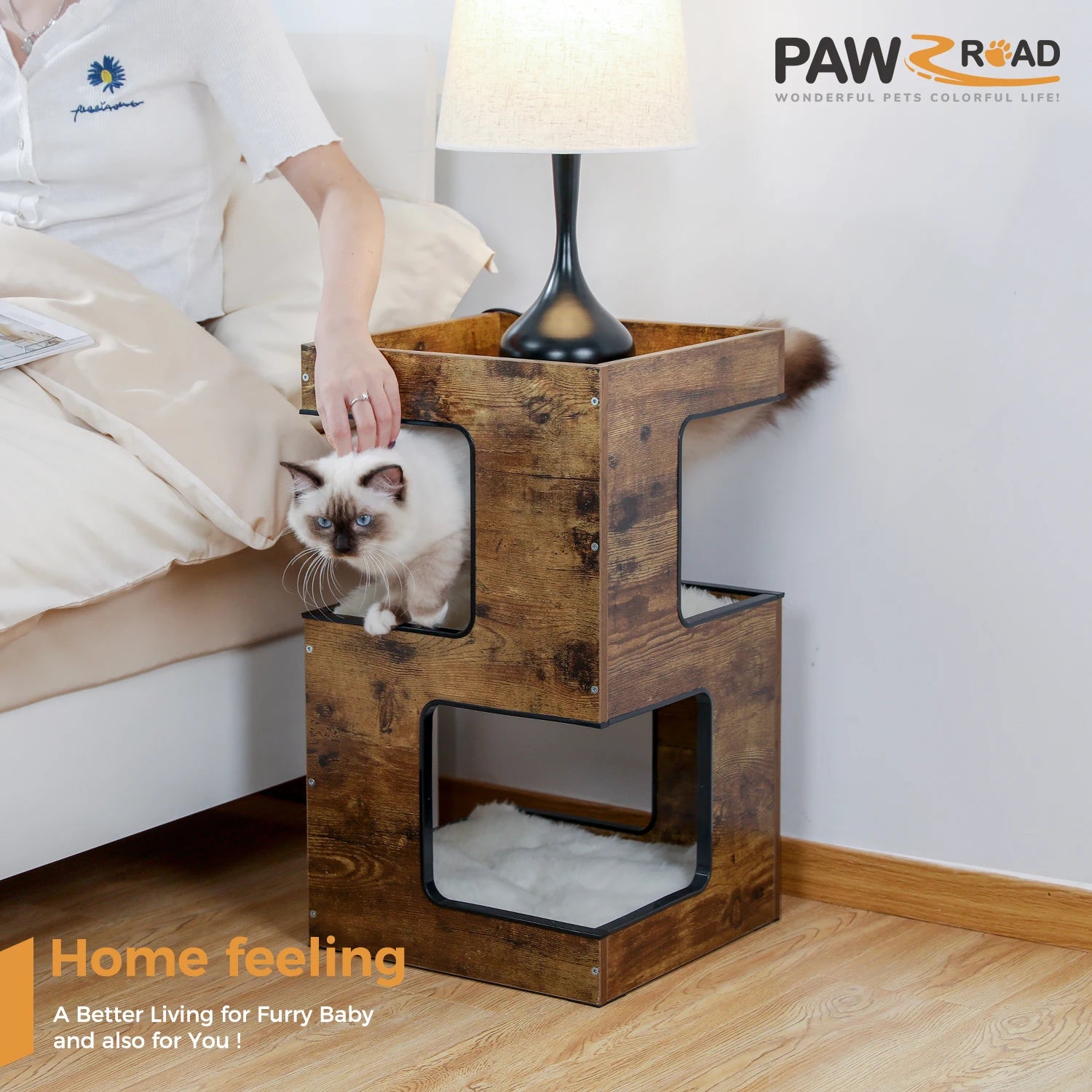Wood Cat Condo With Soft Mats, Scratch Pad