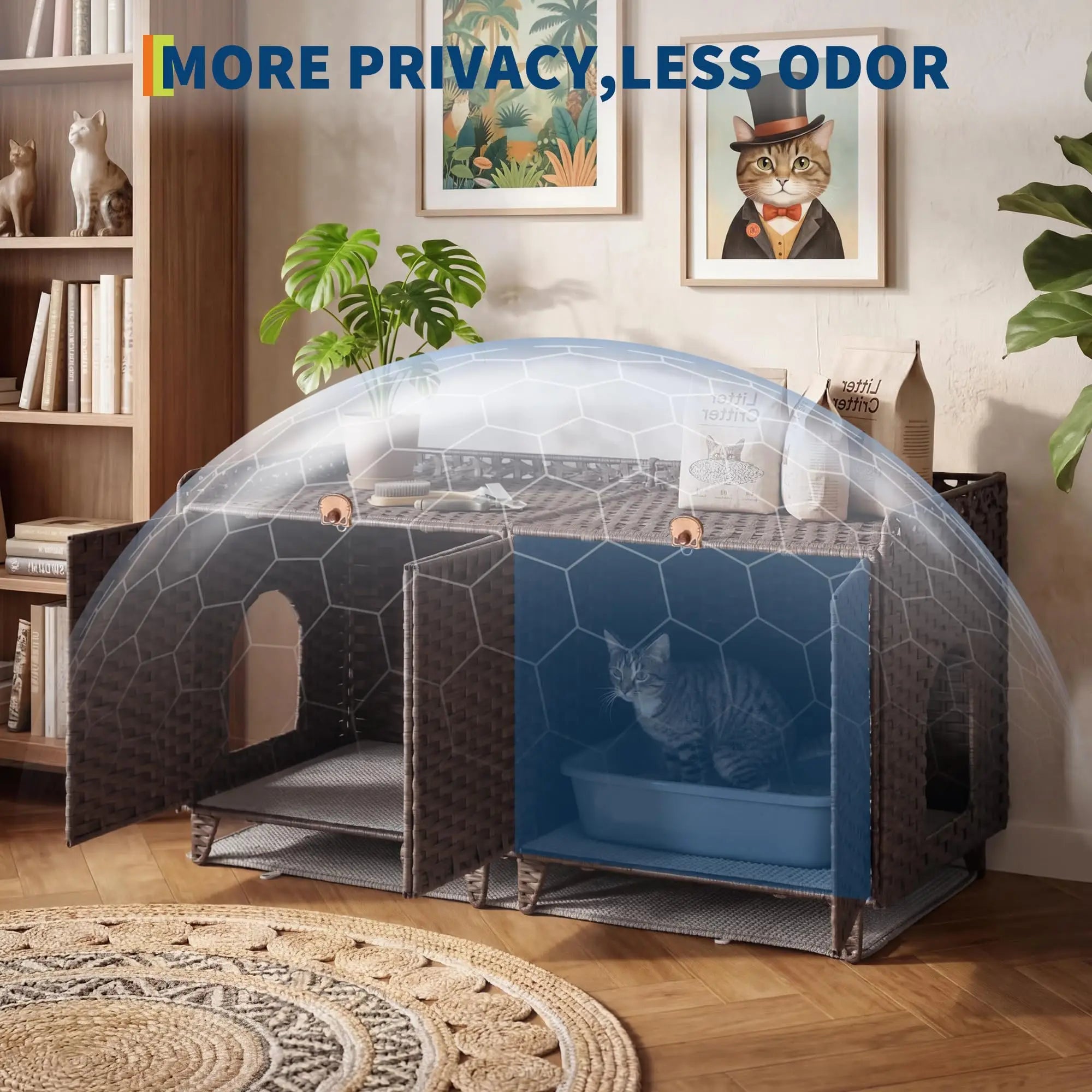 Large Rattan Litter Box Enclosure, 2 Doors, Litter Mat