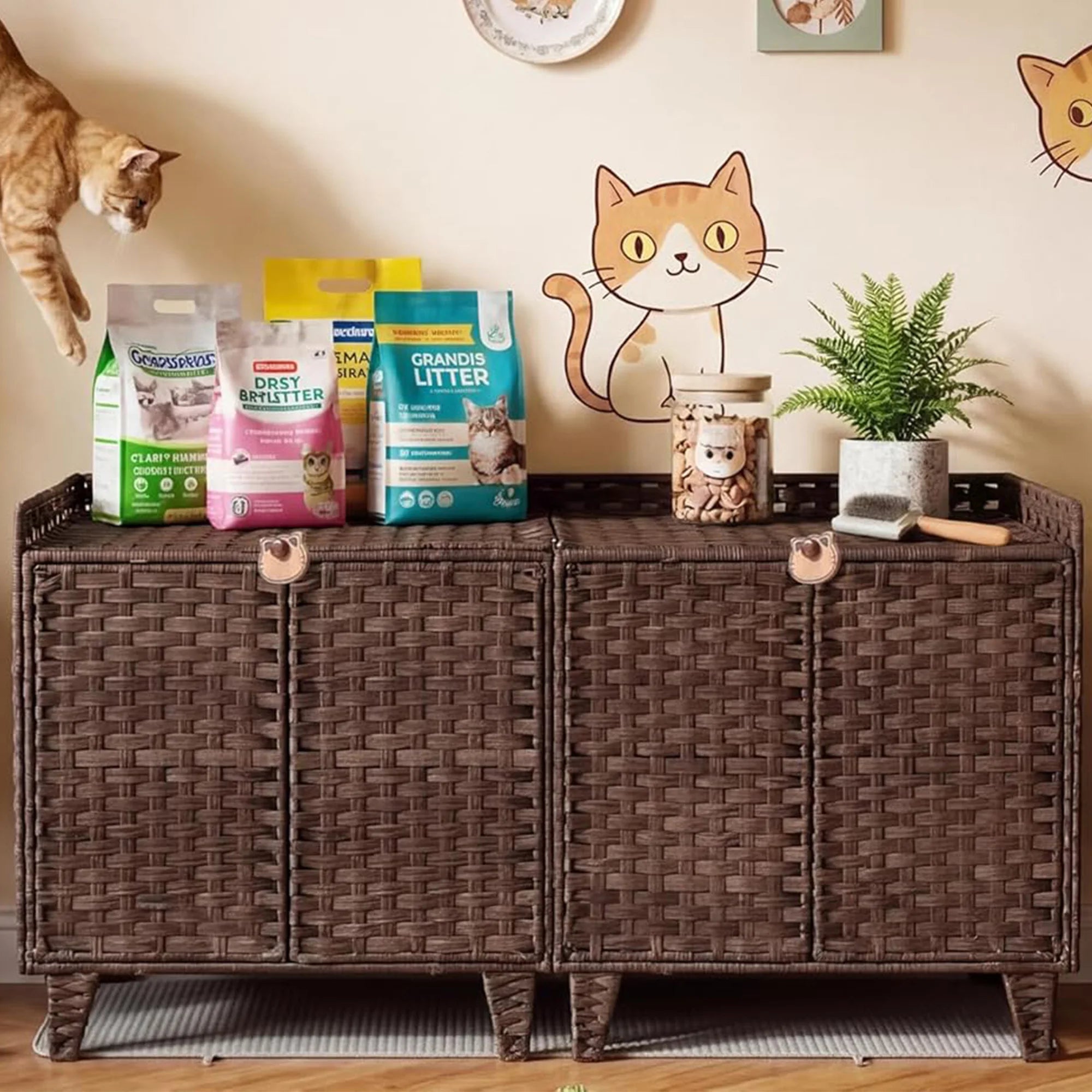 Large Rattan Litter Box Enclosure, 2 Doors, Litter Mat