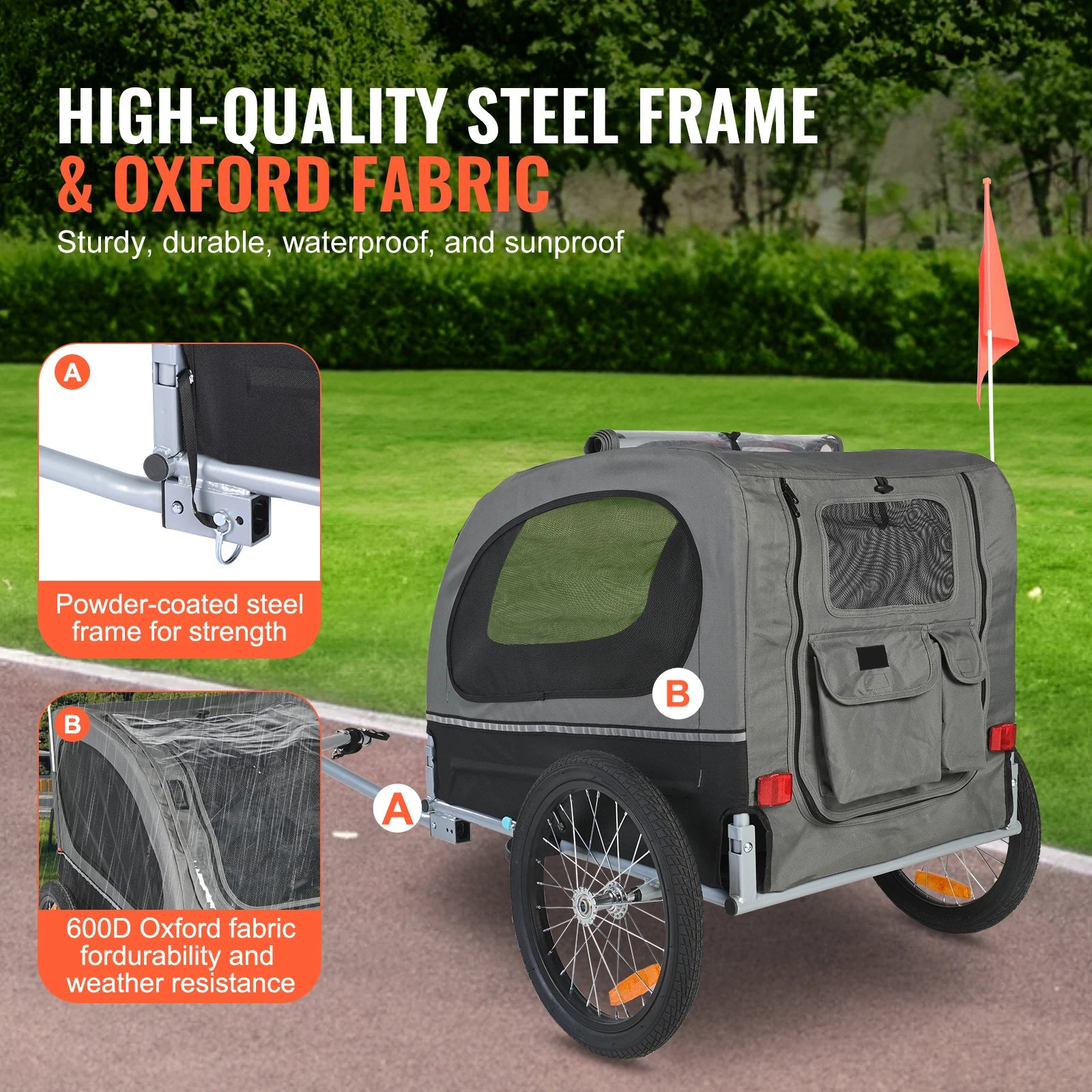 Pet Bike Trailer With Wheels, Coupler, Reflectors Flag, Collapsible