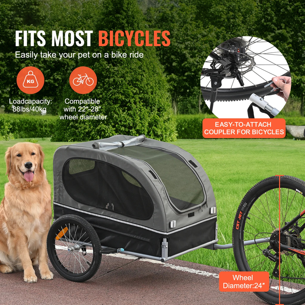 Pet Bike Trailer With Wheels, Coupler, Reflectors Flag, Collapsible