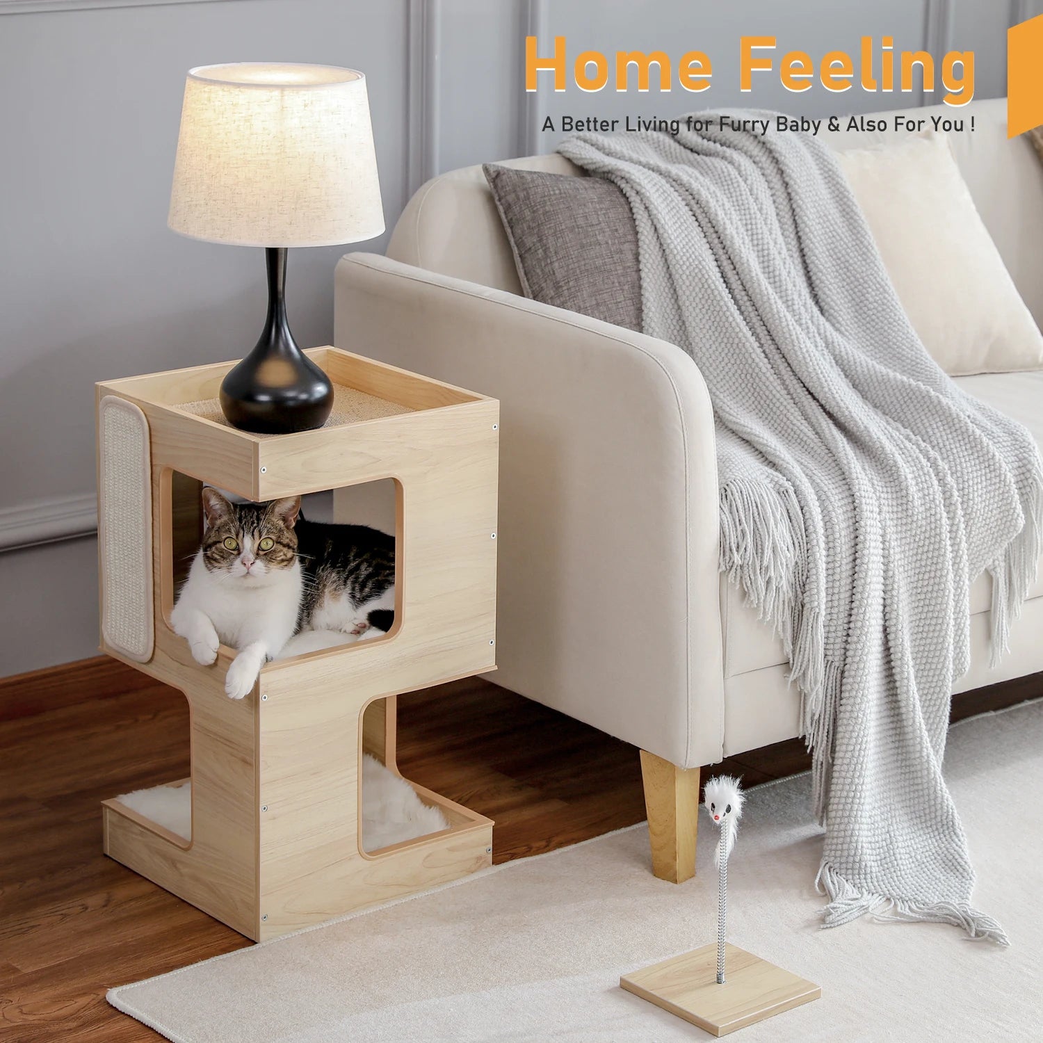 Wood Cat Condo With Soft Mats, Scratch Pad