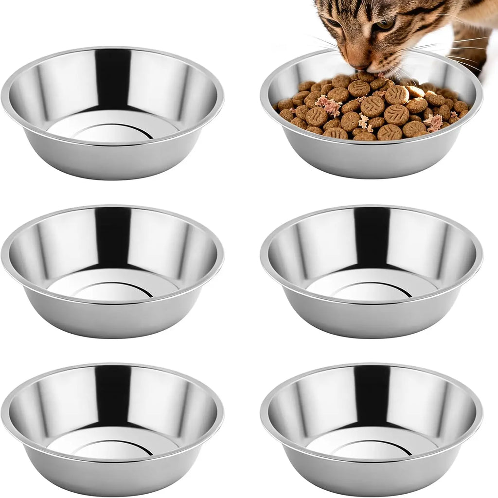 6PCS Stainless Steel Cat Bowls Dishes, 5.6” Metal Shallow Wide Whisker Friendly Cat Food Water Feeding Bowl, Kitten Plates, Basi