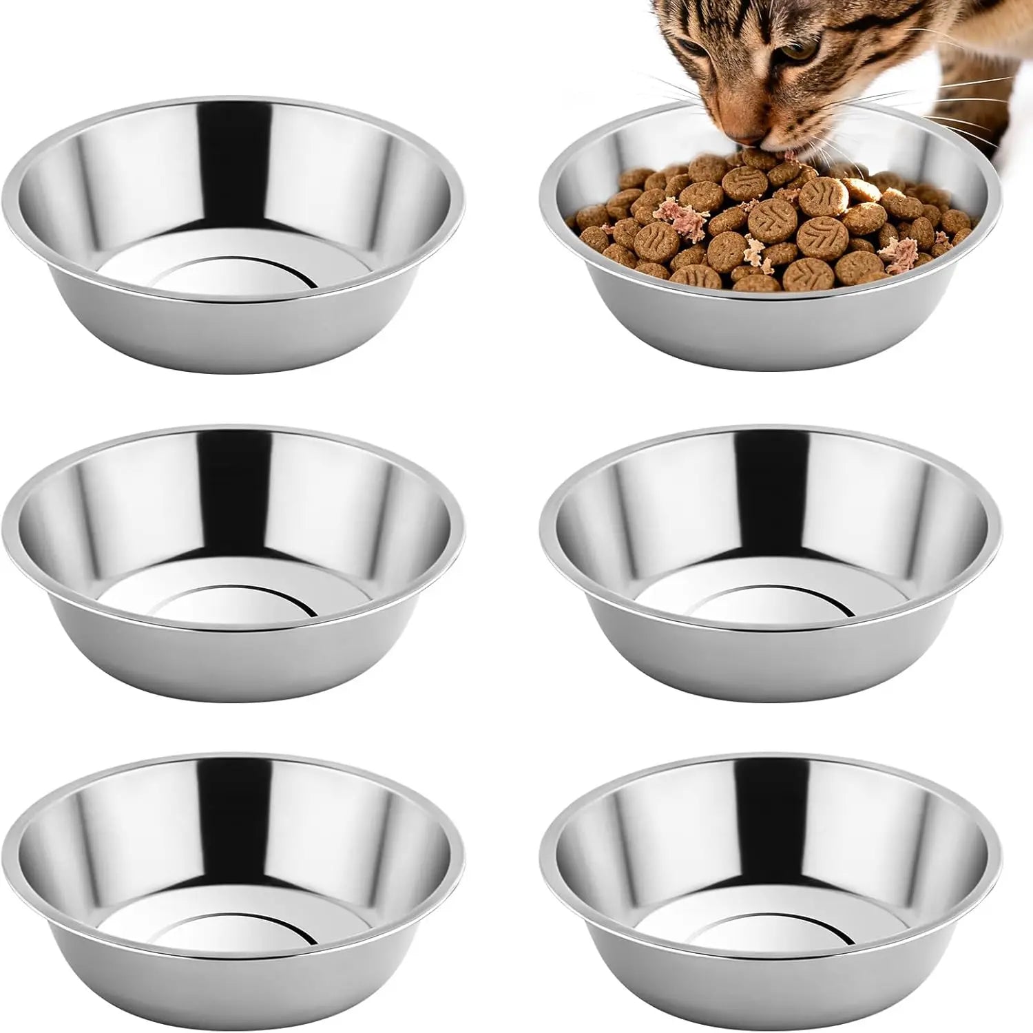 6PCS Stainless Steel Cat Bowls Dishes, 5.6” Metal Shallow Wide Whisker Friendly Cat Food Water Feeding Bowl, Kitten Plates, Basi