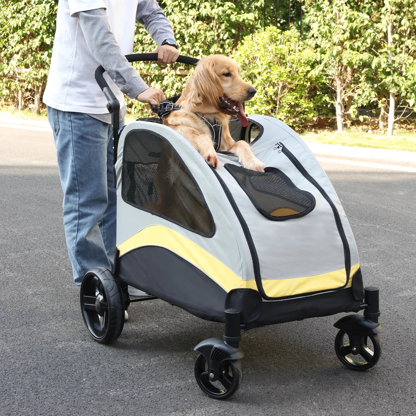 Portable Pet Stroller, 4 Wheels, Foldable, Breathable Carrier