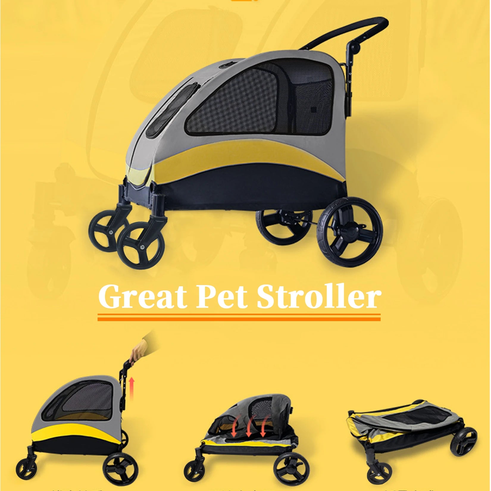 Portable Pet Stroller, 4 Wheels, Foldable, Breathable Carrier