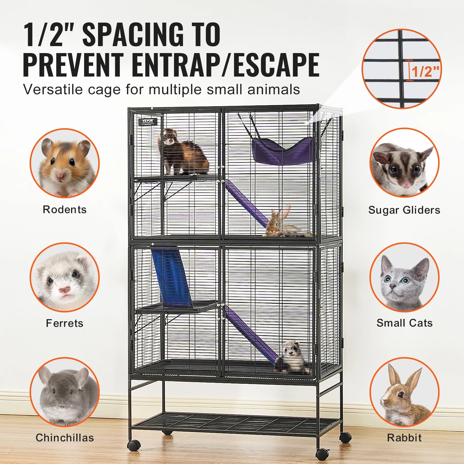 64.6" Rolling Metal Cage For Small Pets