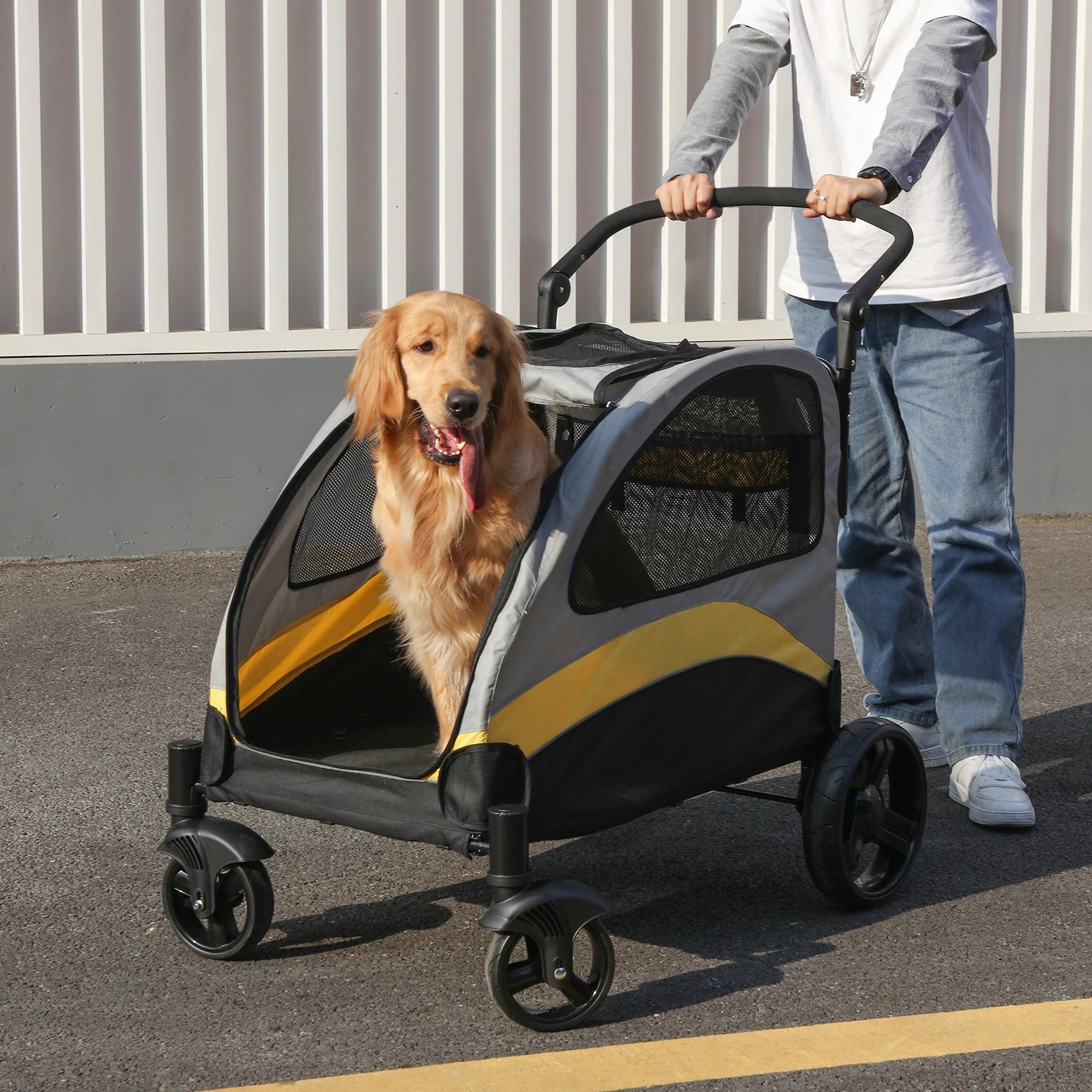 Portable Pet Stroller, 4 Wheels, Foldable, Breathable Carrier