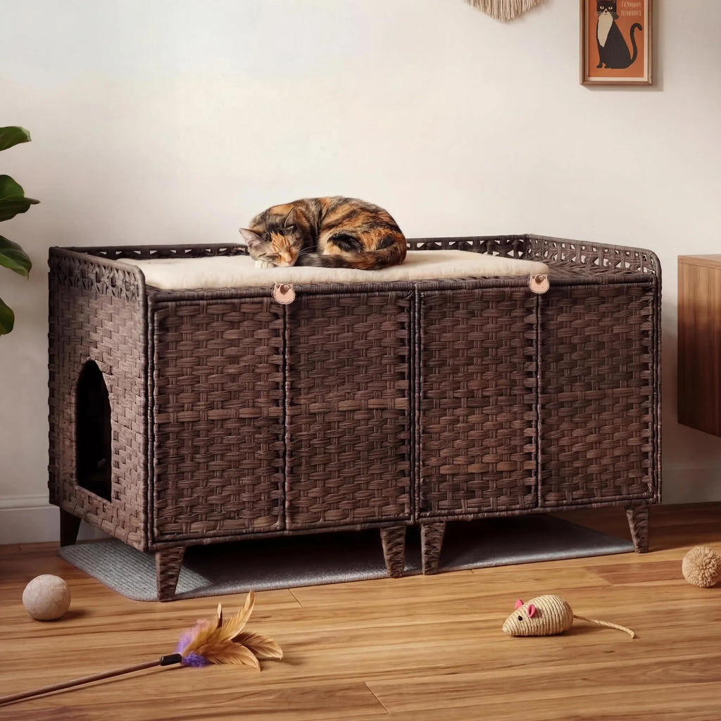 Large Rattan Litter Box Enclosure, 2 Doors, Litter Mat