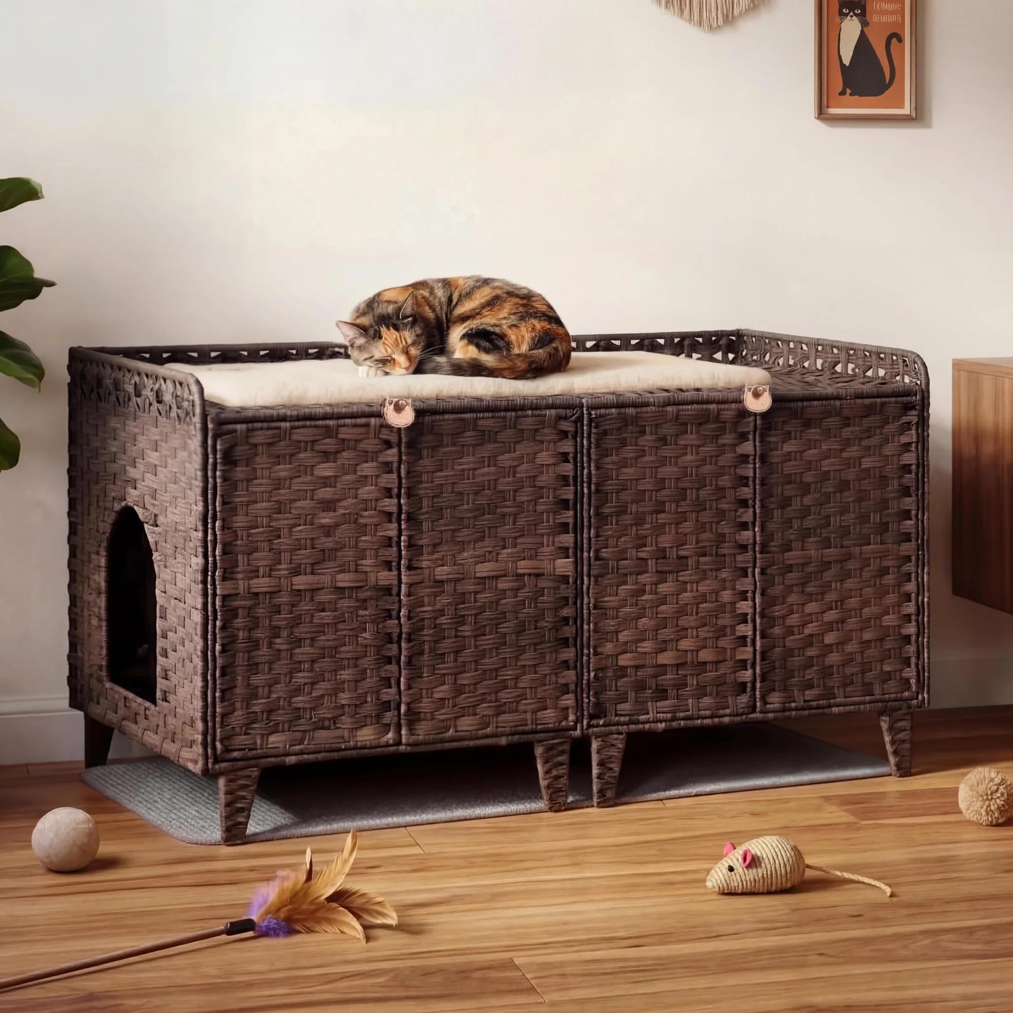 Large Rattan Litter Box Enclosure, 2 Doors, Litter Mat