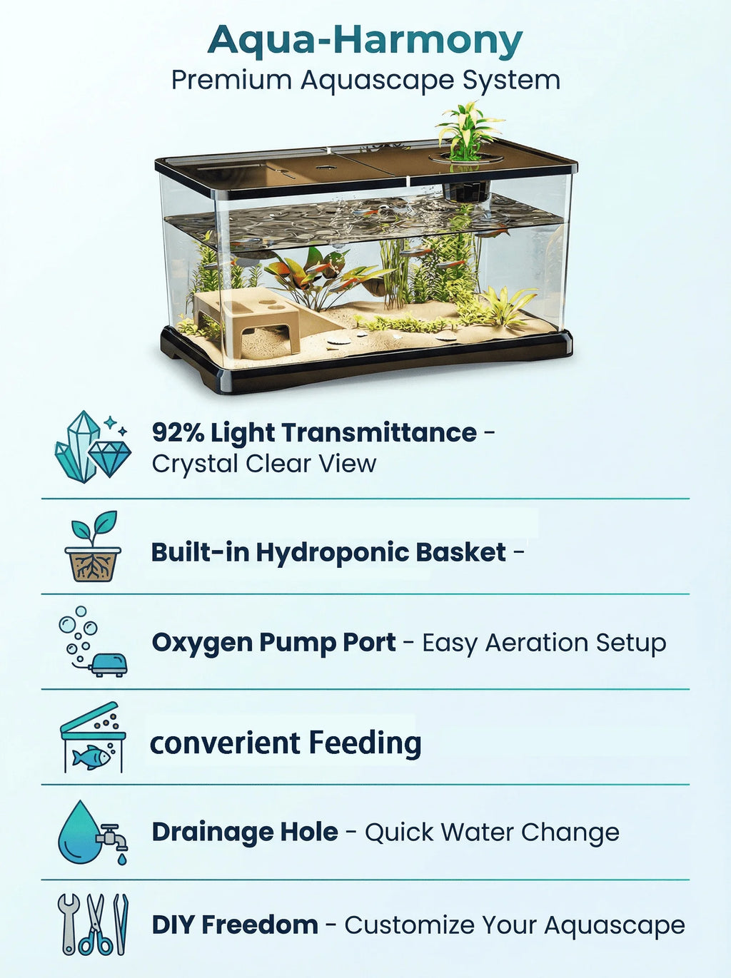 Large Aquarium With Lid, Spill-Proof, For Fish, Turtle, Aquatic Plants