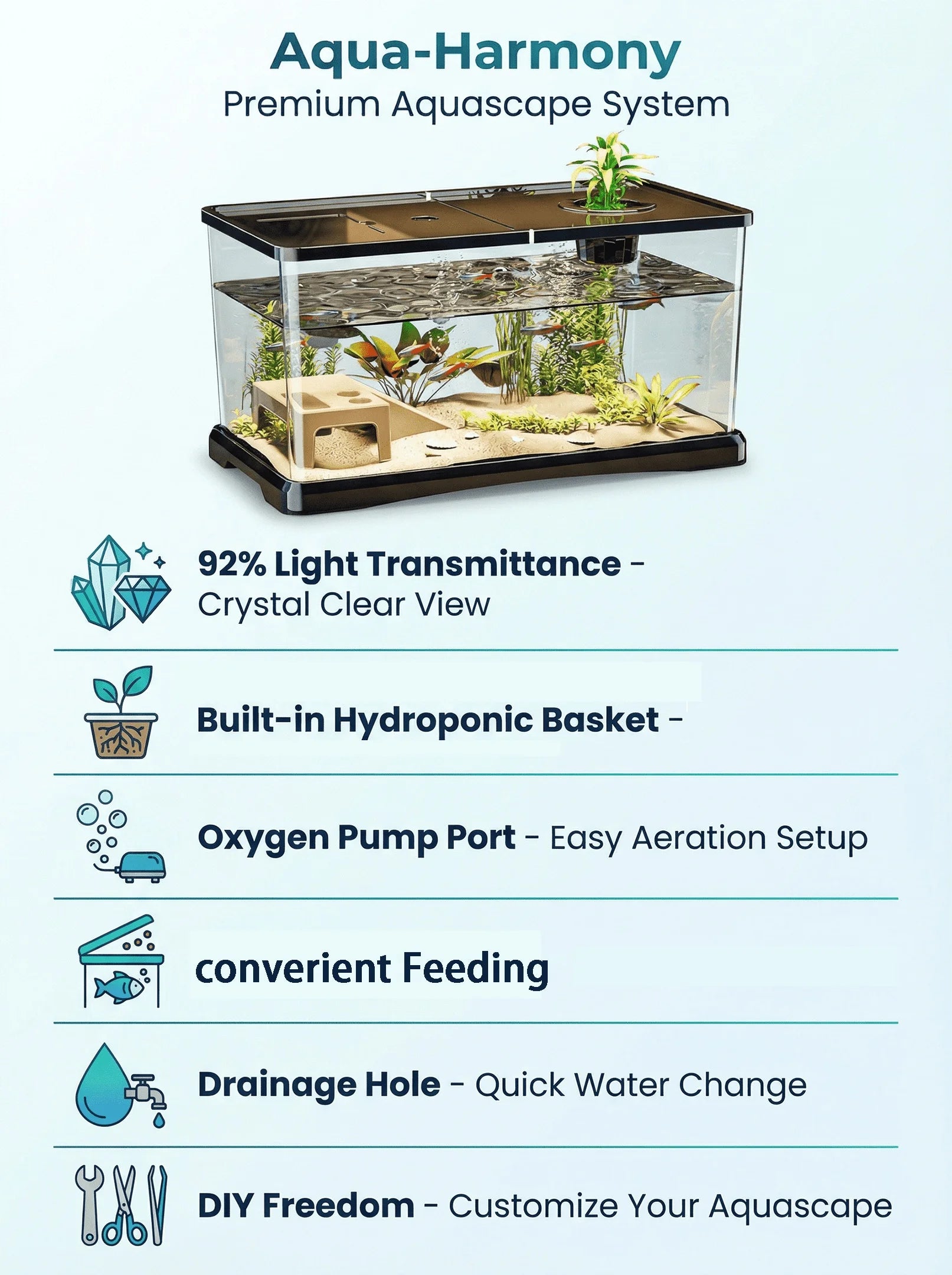 Large Aquarium With Lid, Spill-Proof, For Fish, Turtle, Aquatic Plants
