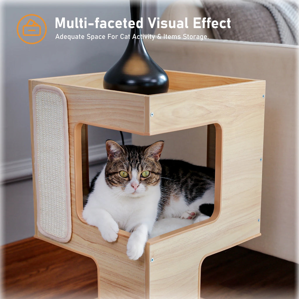 Wood Cat Condo With Soft Mats, Scratch Pad