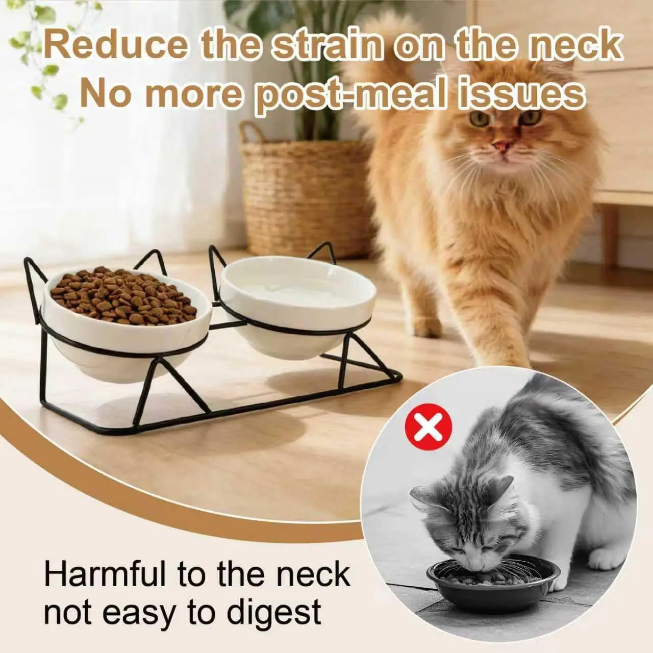 Elevated Tilted Cat Bowls for Indoor Cats，Raised Ceramic Cat Bowl Elevated 15°,Pet Feeding Bowls for Food and Water Anti Vomitin