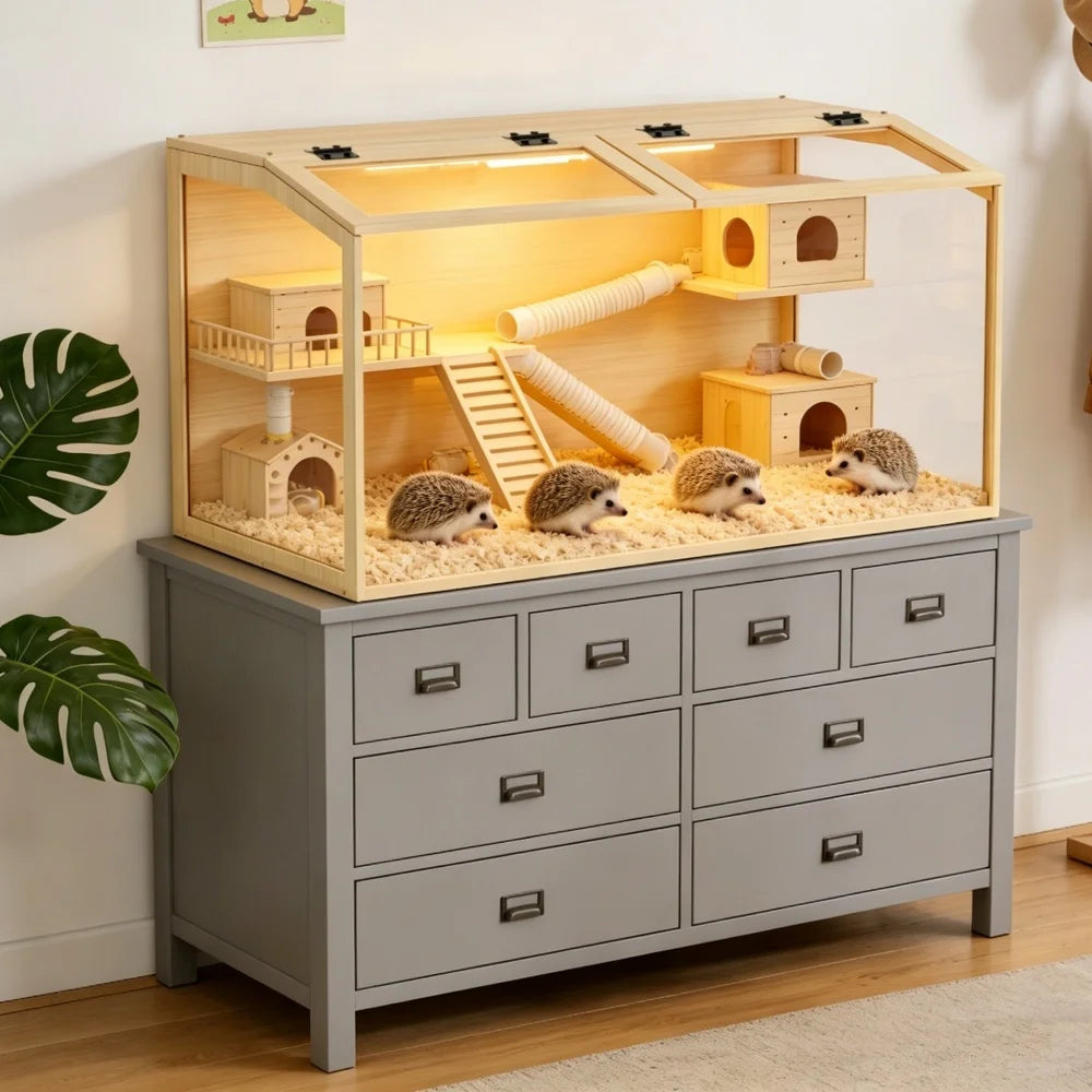 Hamster Cage, Tempered Glass, LED Light, Openable Roof