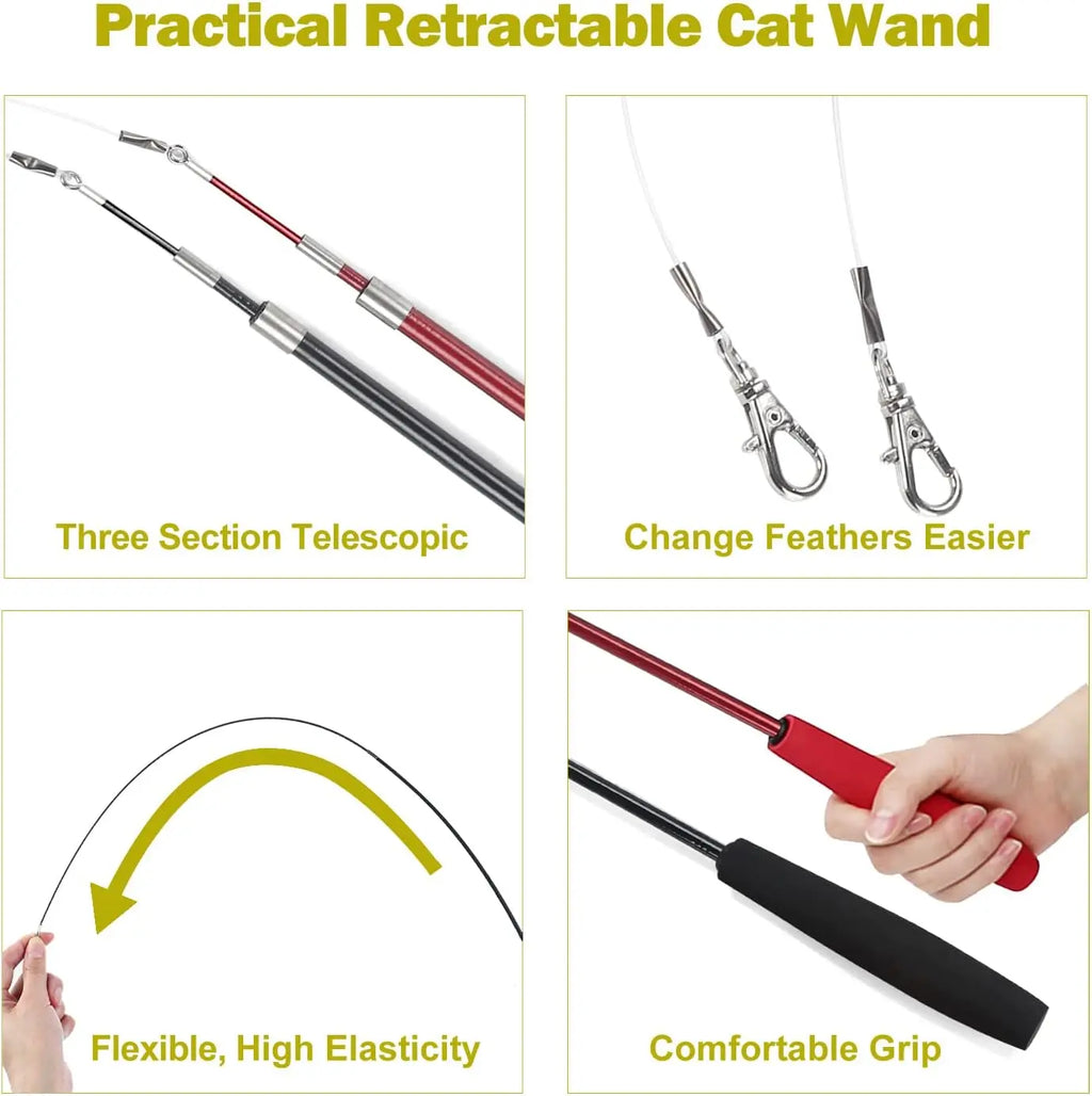 Cat Toys, Interactive, 2PCS, Retractable Wand Toy,  9PCS Feather Refills