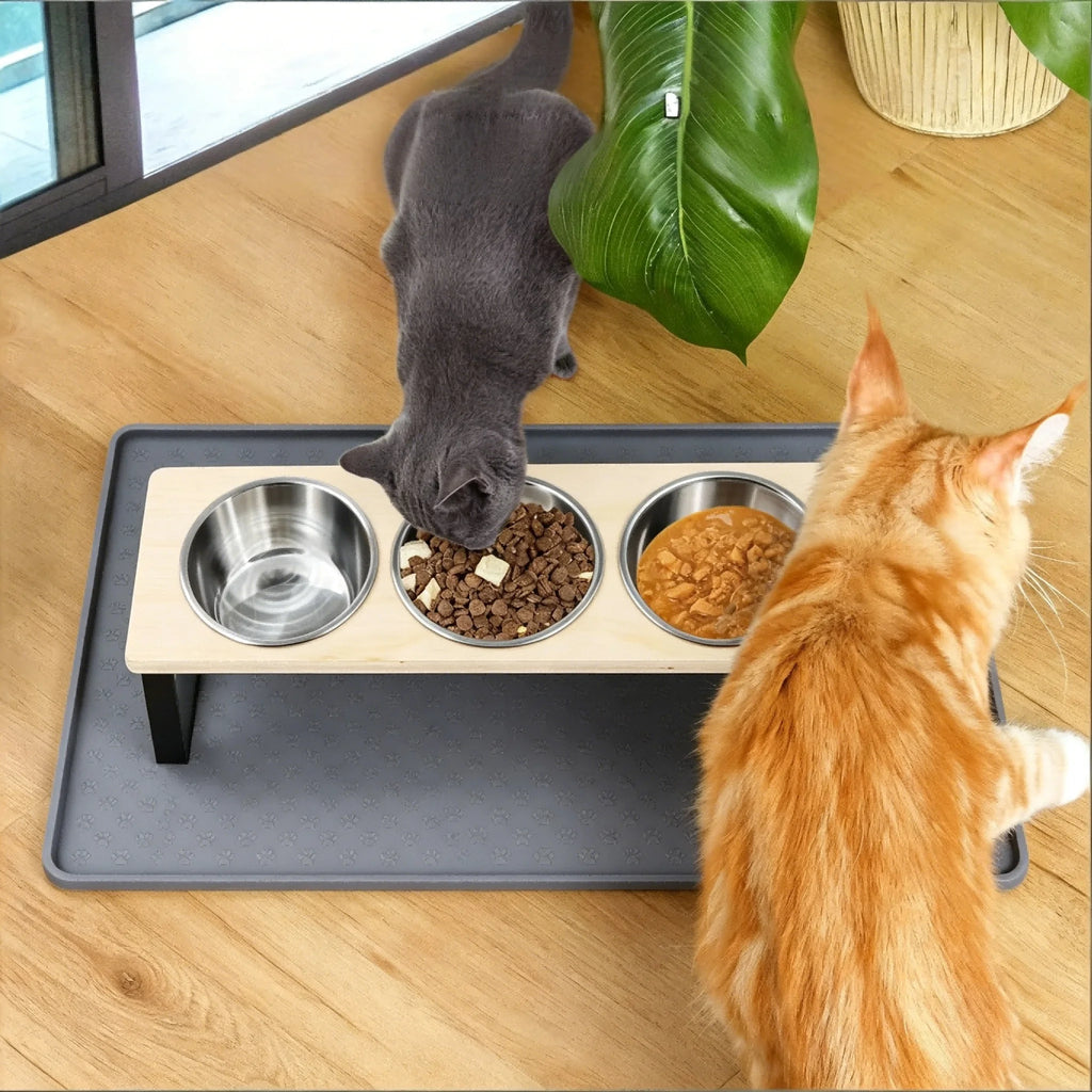 3 Bowl Elevated Cat Feeder, Tilted, Bamboo & Iron Stand Stainless Steel, Silicone Mat