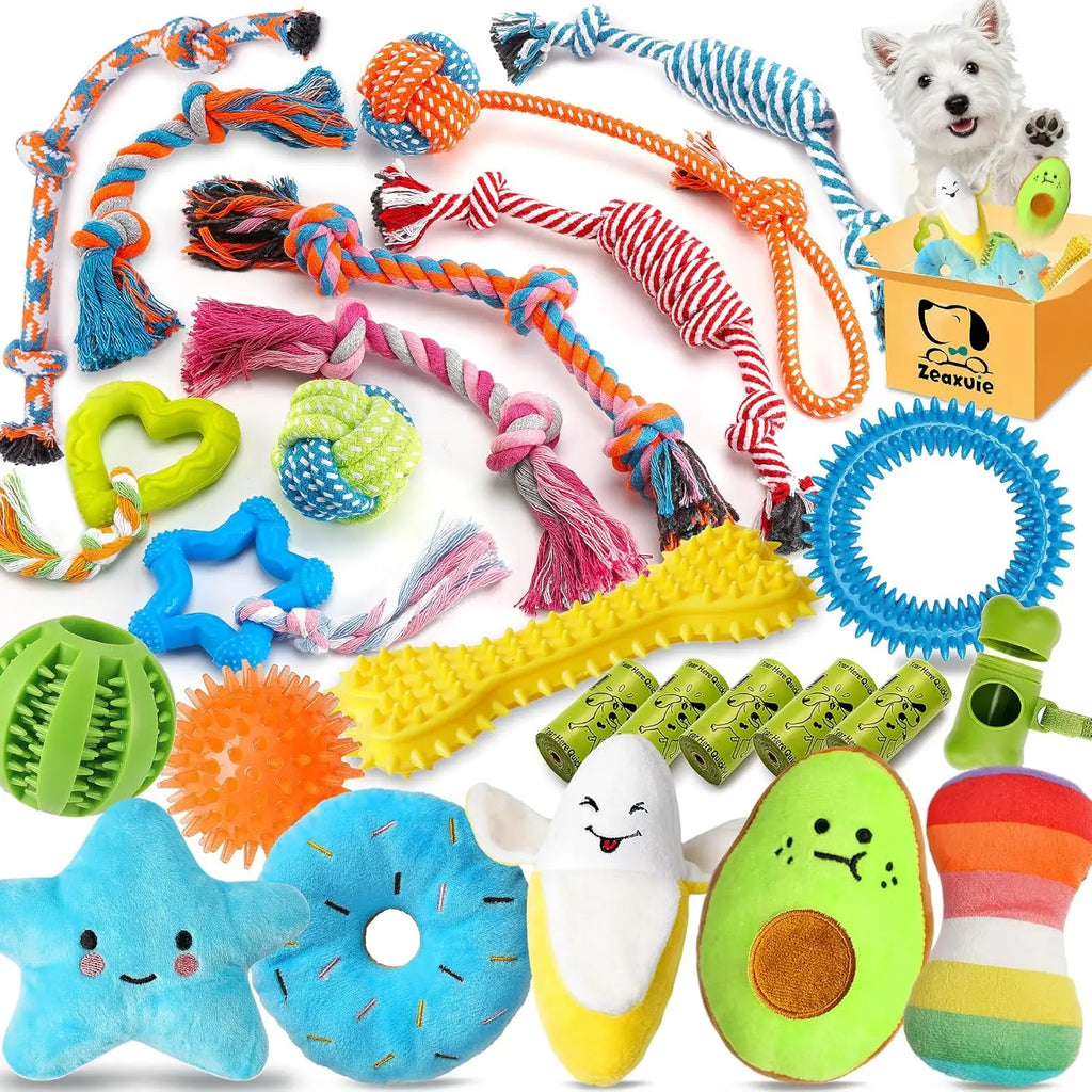 25 Pack Chew Toys For Puppies/Dogs, Ropes, Treats, Squeaky with Ropes, Treat Ball and Squeaks
